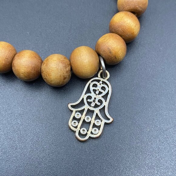 Lot of 3 Spiritual Beaded Bracelets Blue Jadeite Cats Eye Glass Wood Hamsa - Picture 8 of 8